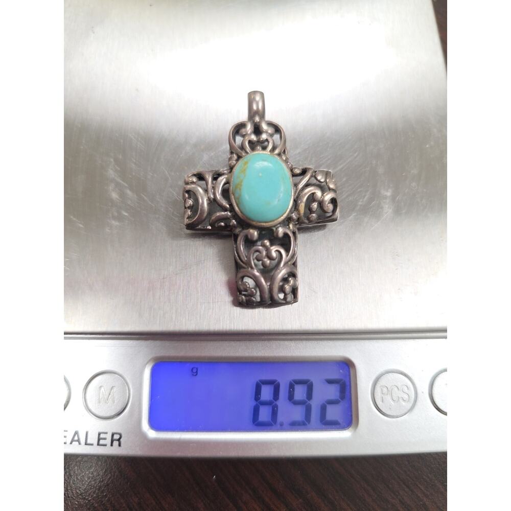 Sydney Evan Signed Block Turquoise Cross Pendant 925 Silver 8.9 Gram‎